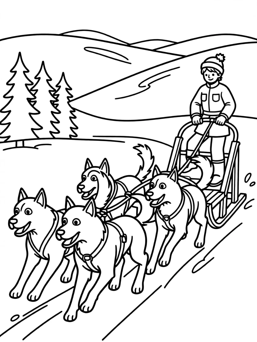 (New Hampshire) A dog sled team racing through snow