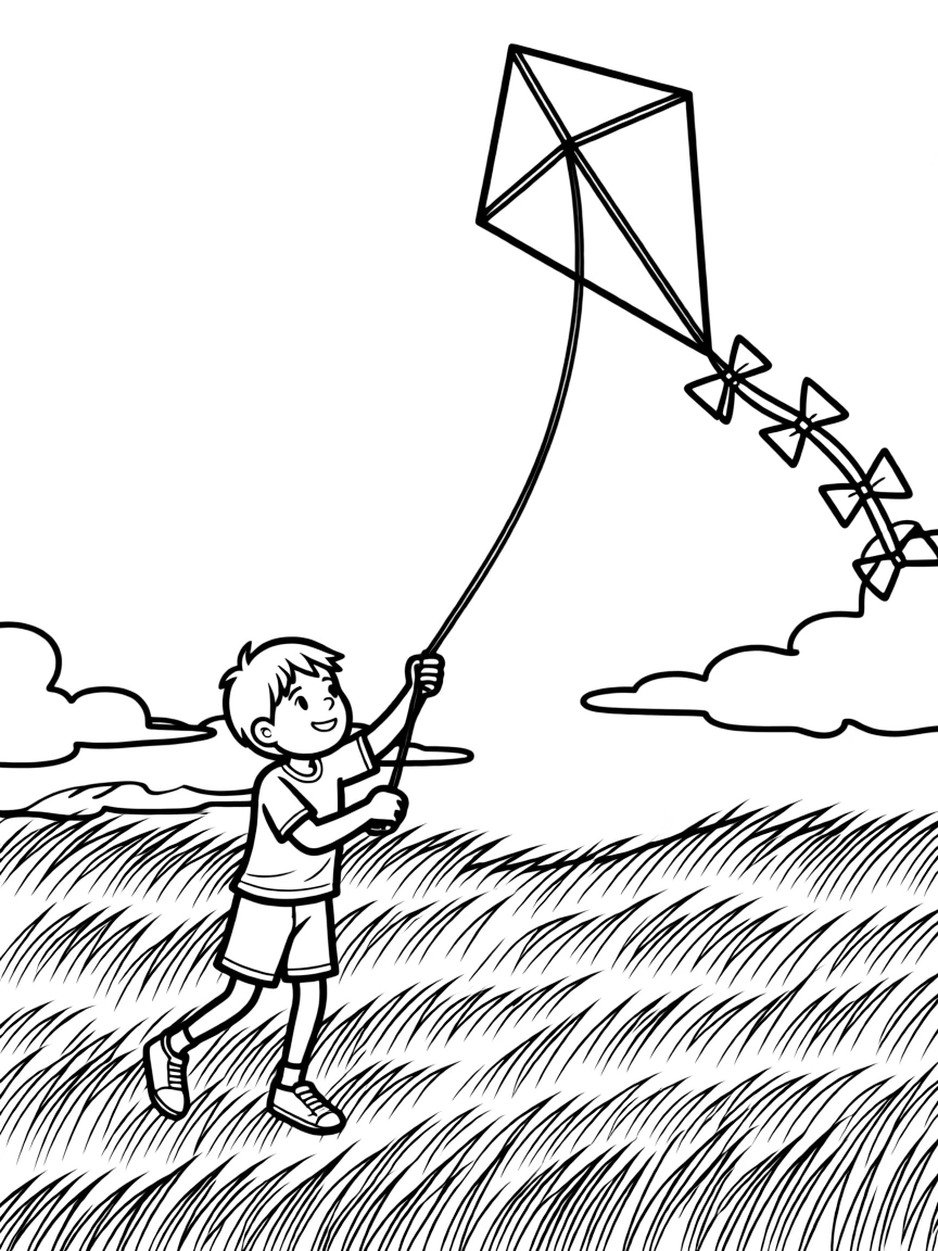 (New Hampshire) A boy flying a kite in a windy field