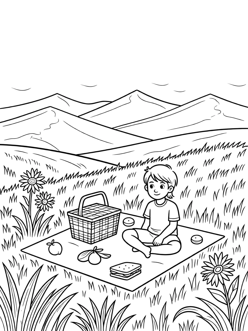 (New Hampshire) A picnic in a meadow with New Hampshire mountains in the background