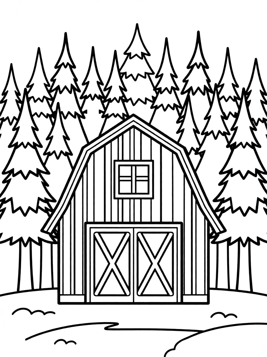 (Maine) A red barn with a pine tree forest