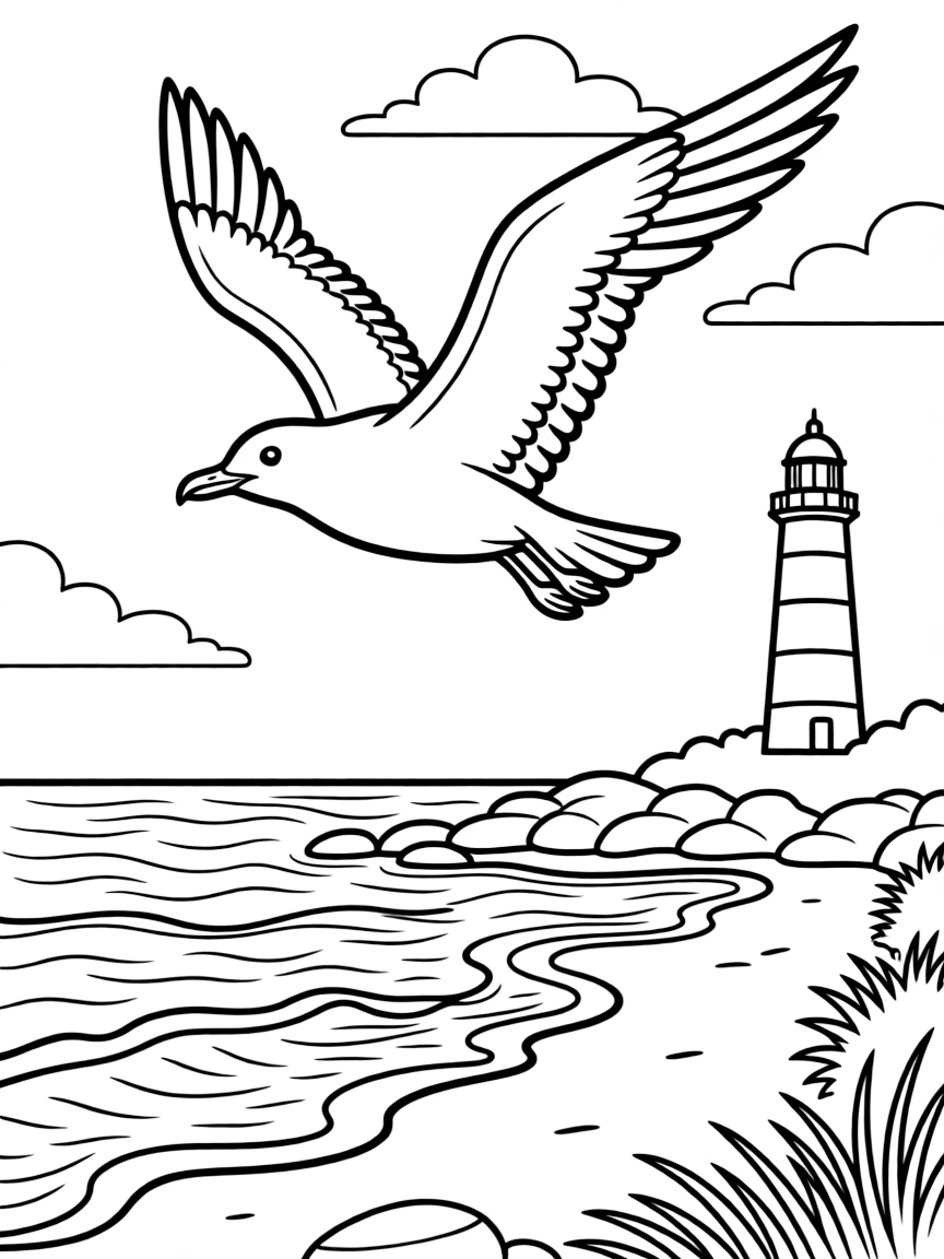 (Maine) A seagull flying above the coast