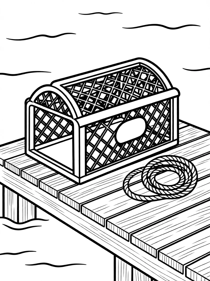 (Maine) A lobster trap on a dock