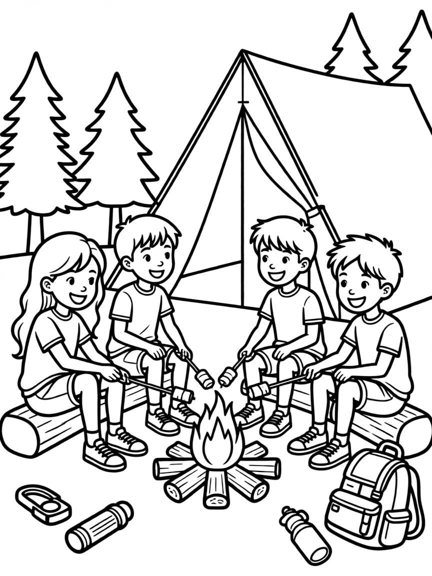 (Maine) A group of friends roasting marshmallows at a campsite