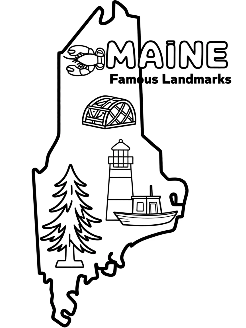(Maine) A map of Maine with famous landmarks