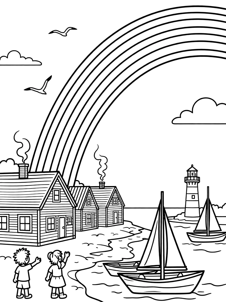 (Maine) A rainbow over a coastal town