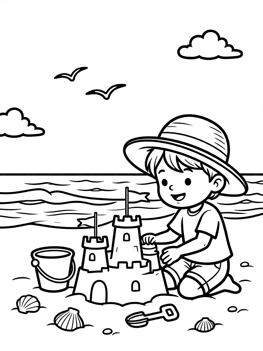 (Maine) A child building a sandcastle on a Maine beach
