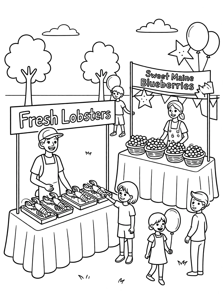 (Maine) A festival scene with lobster and blueberry stands