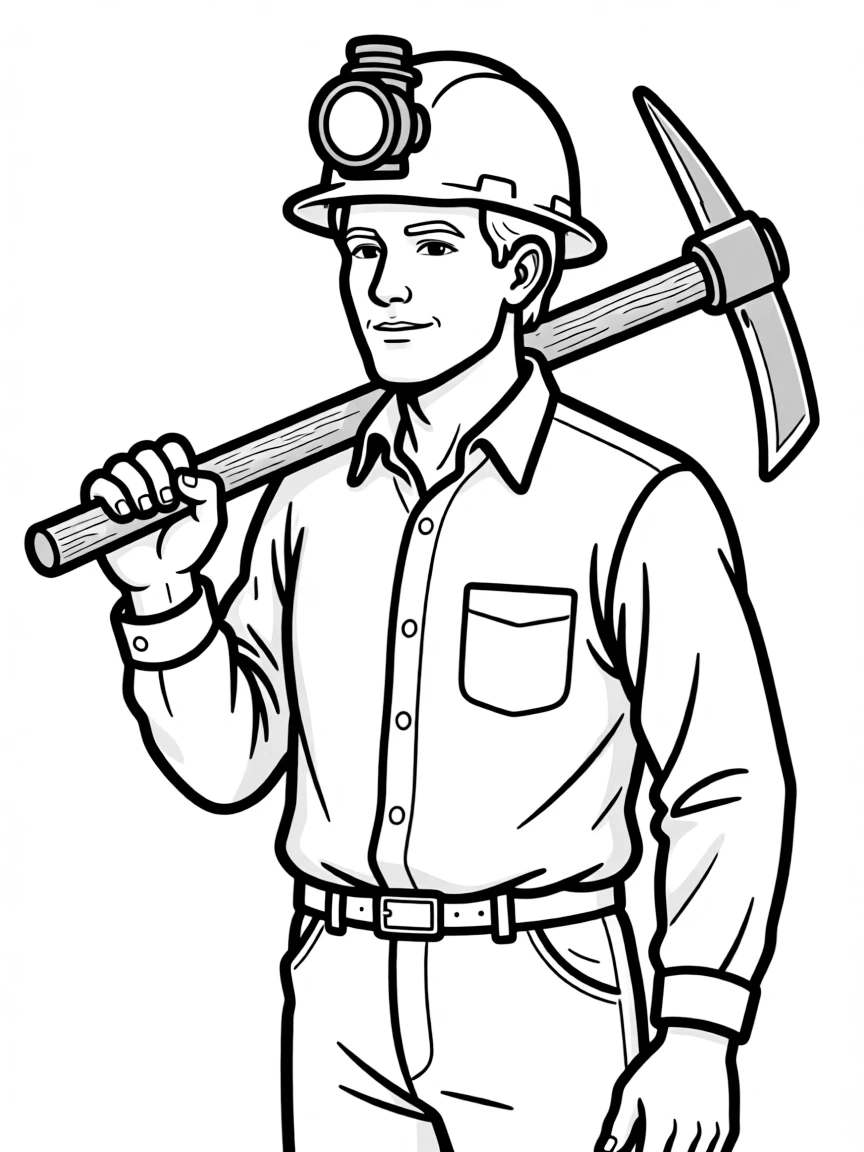 (West Virginia) A coal miner with a helmet and pickaxe