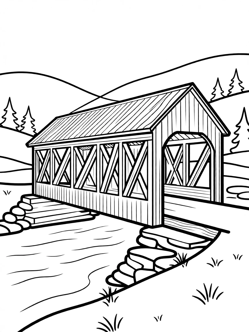 (West Virginia) A covered bridge over a river