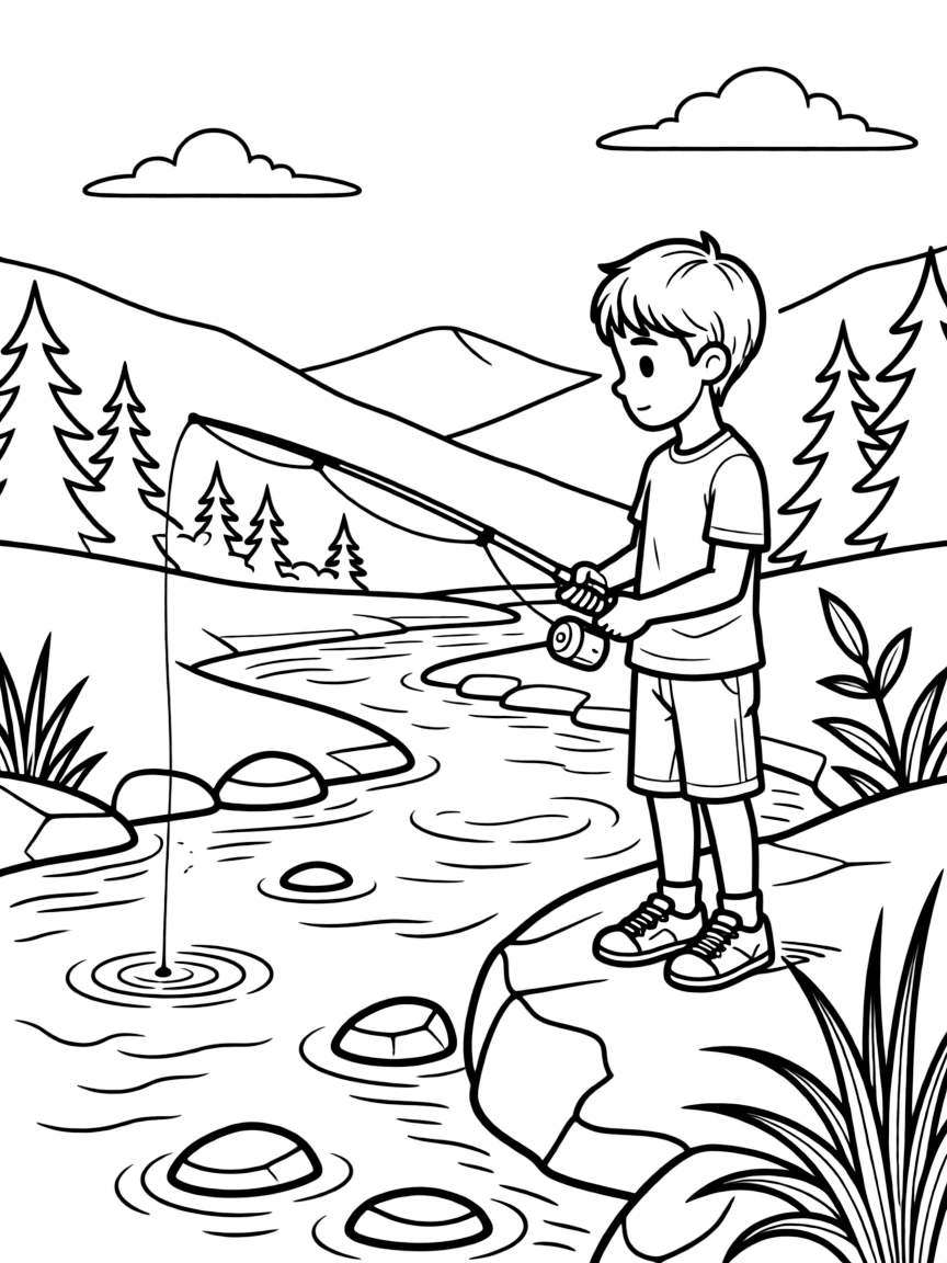 (West Virginia) A child fishing in a mountain stream