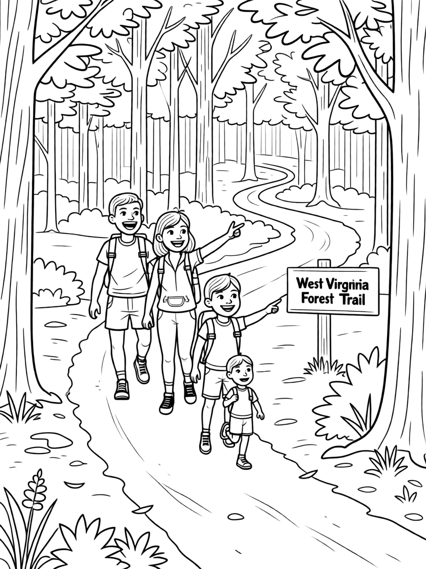 (West Virginia) A family hiking in a forest trail