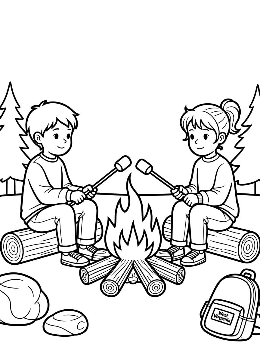 (West Virginia) A boy and girl roasting marshmallows at a campfire