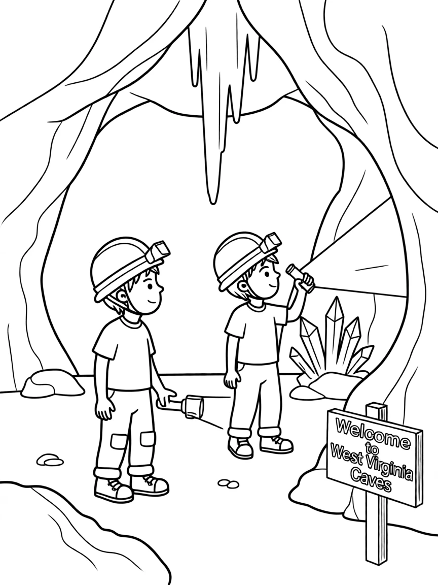 (West Virginia) Children exploring a cave with helmets