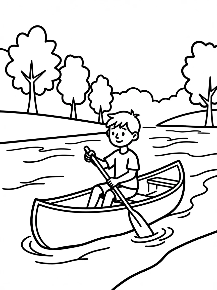 (West Virginia) A boy paddling a canoe on a river