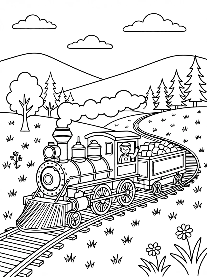 (West Virginia) Old coal train engine chugging through hills
