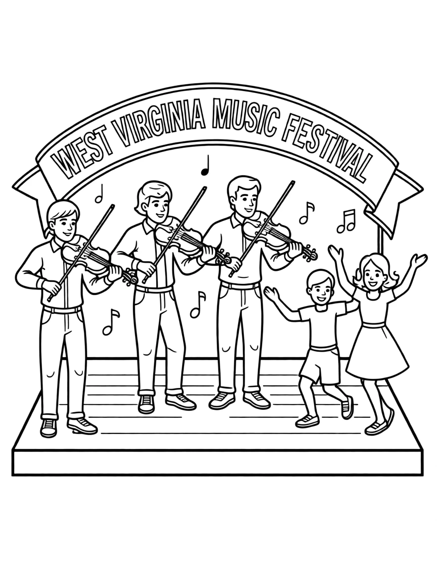 (West Virginia) A music stage with fiddlers and dancers