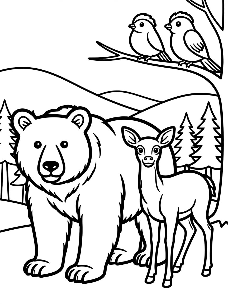 (West Virginia) Wildlife scene with bear, deer, and birds