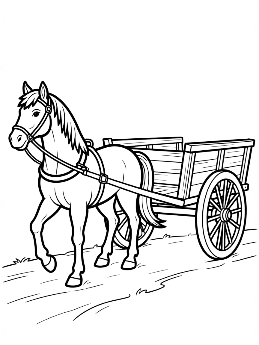 (West Virginia) A horse pulling an old wooden wagon
