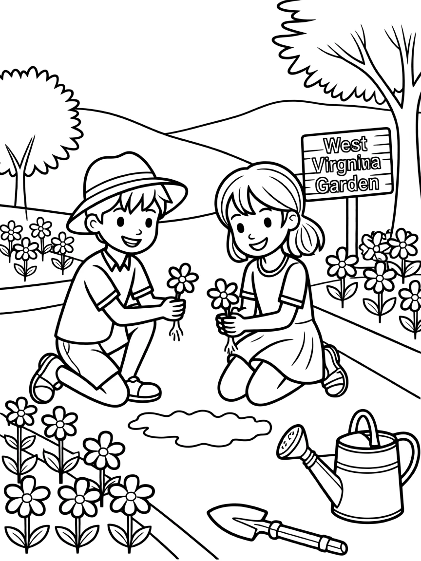 (West Virginia) Kids planting flowers in a garden