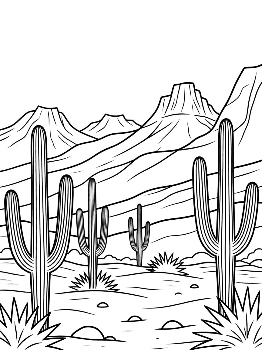 (Nevada) A desert landscape with cacti and mountains