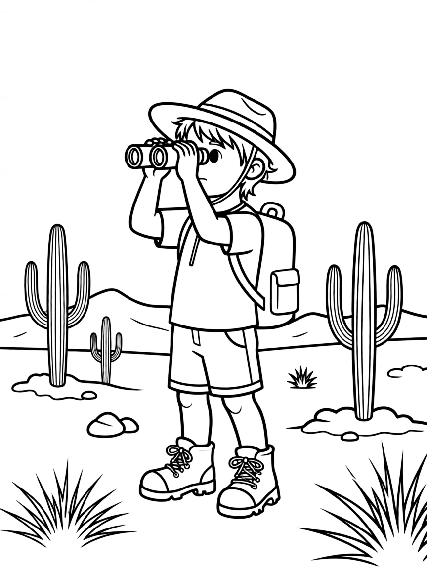 (Nevada) A child hiking in the desert with binoculars