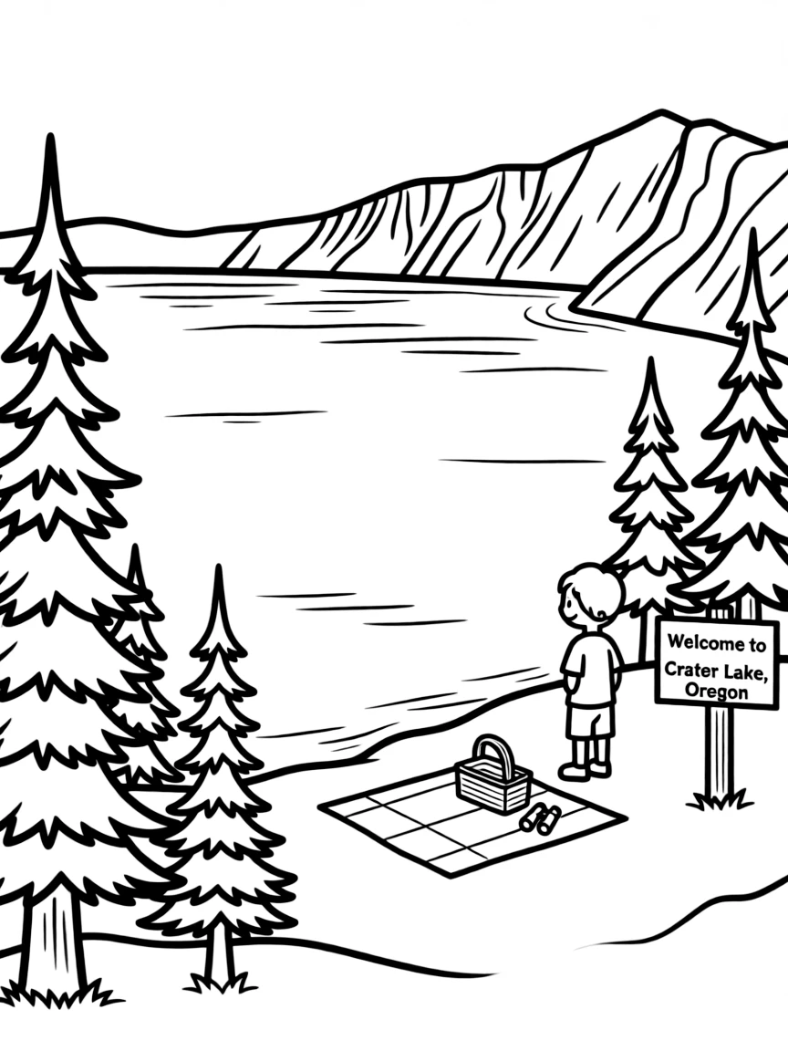 (Oregon) Crater Lake with pine trees