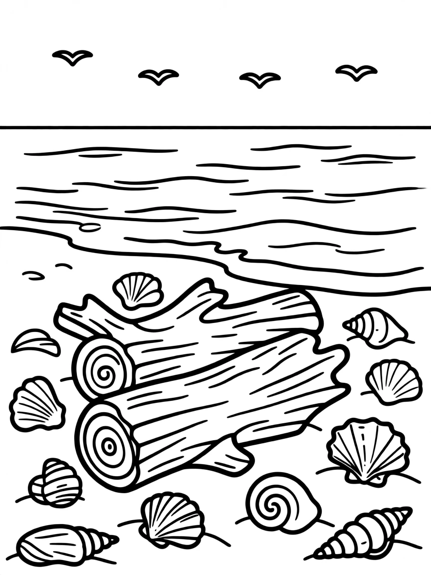 (Oregon) Driftwood and shells on a beach
