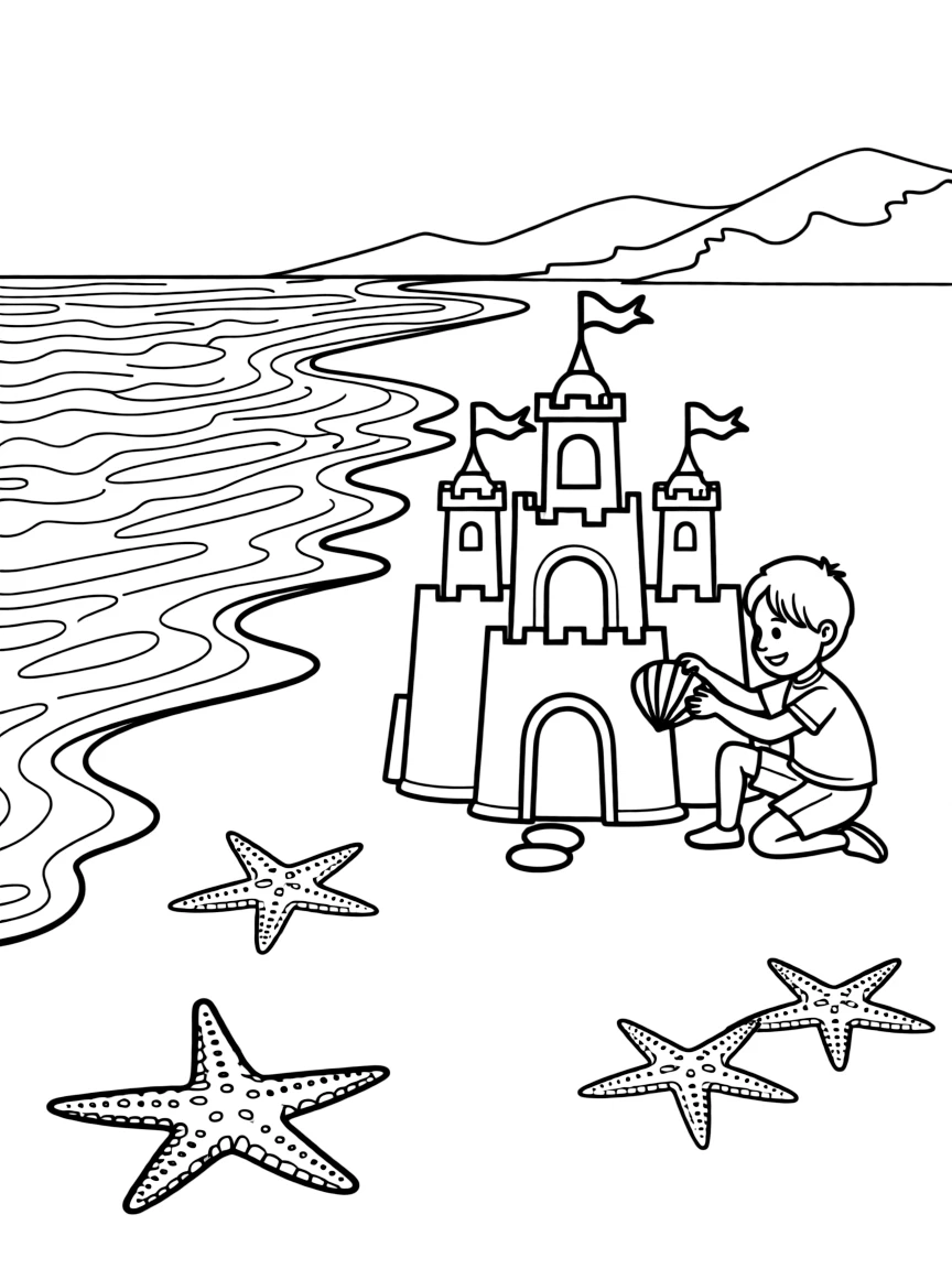 (Oregon) Oregon coast with starfish and sandcastle