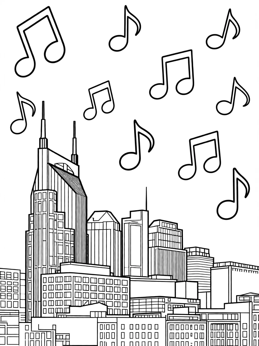 (Tennessee) Downtown Nashville skyline with music notes