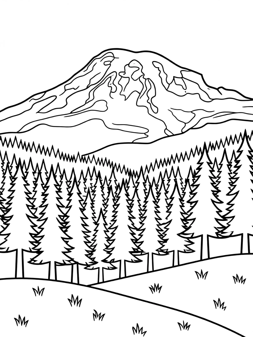 (Washington) Mount Rainier towering over evergreen trees