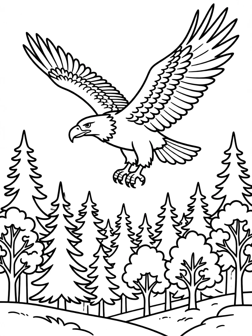 (Washington) A bald eagle flying over a forest