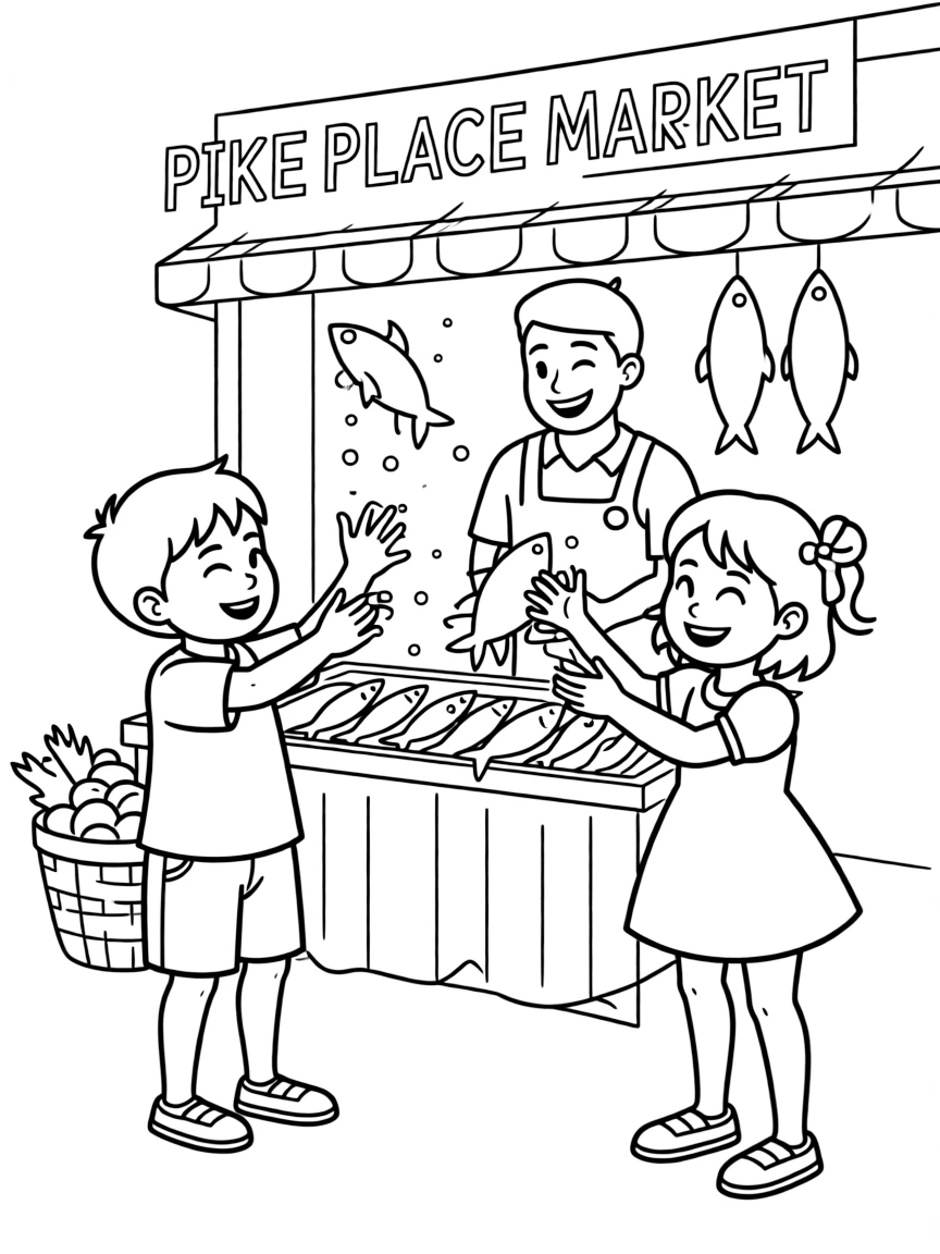 (Washington) Kids throwing fish at Pike Place Market