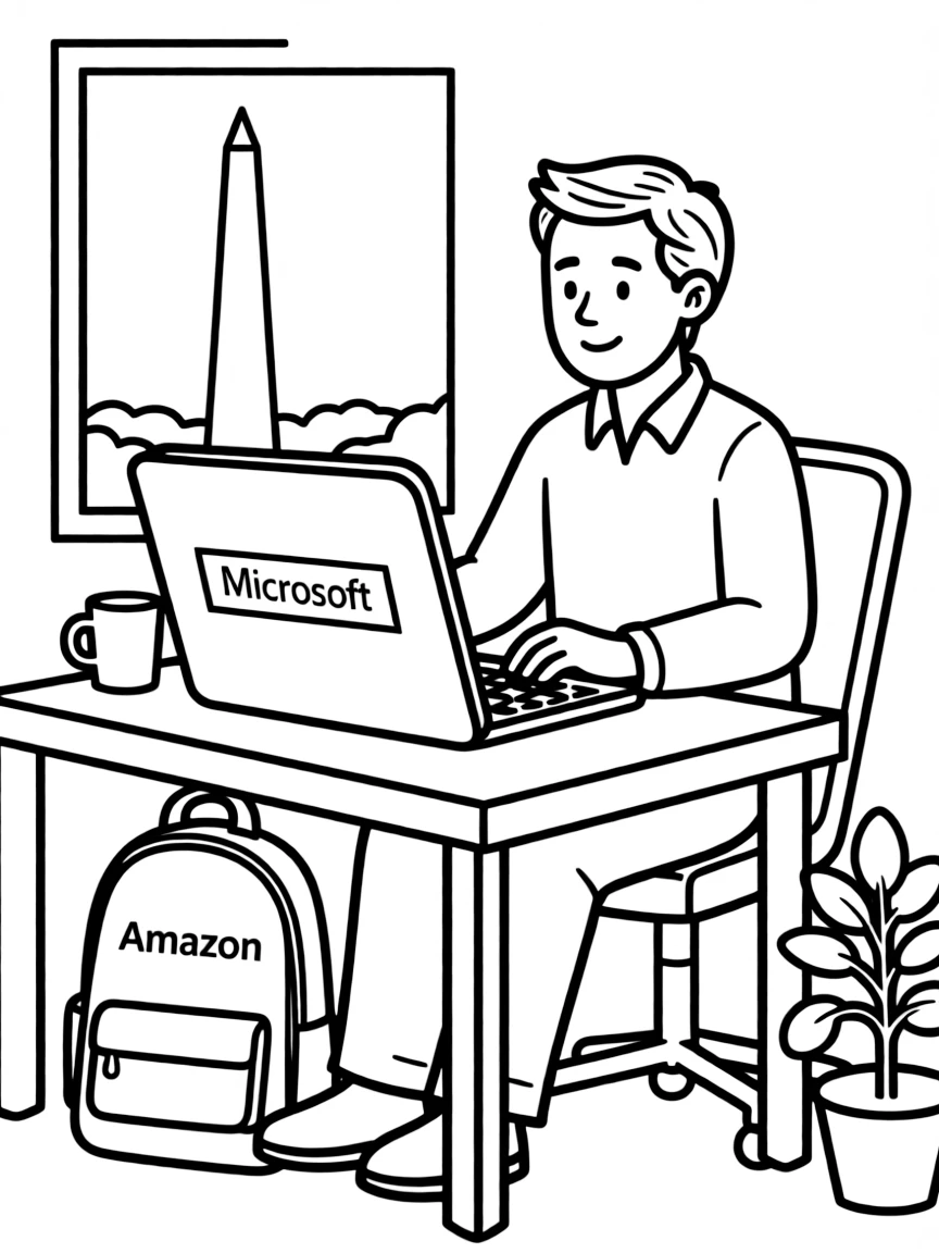 (Washington) A tech worker with a laptop (Microsoft/Amazon themed)