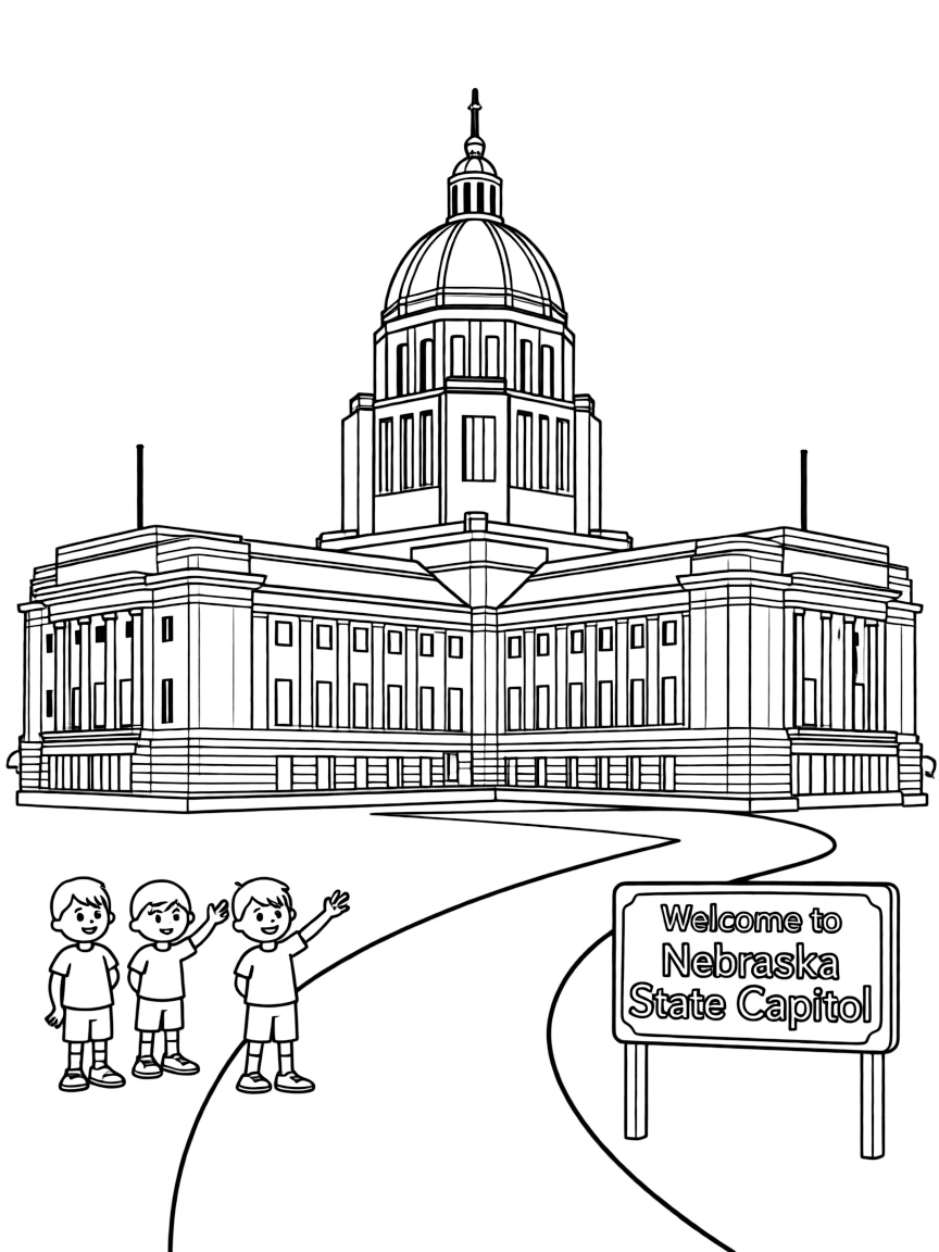 (Nebraska) A cartoon of the Nebraska state capitol building