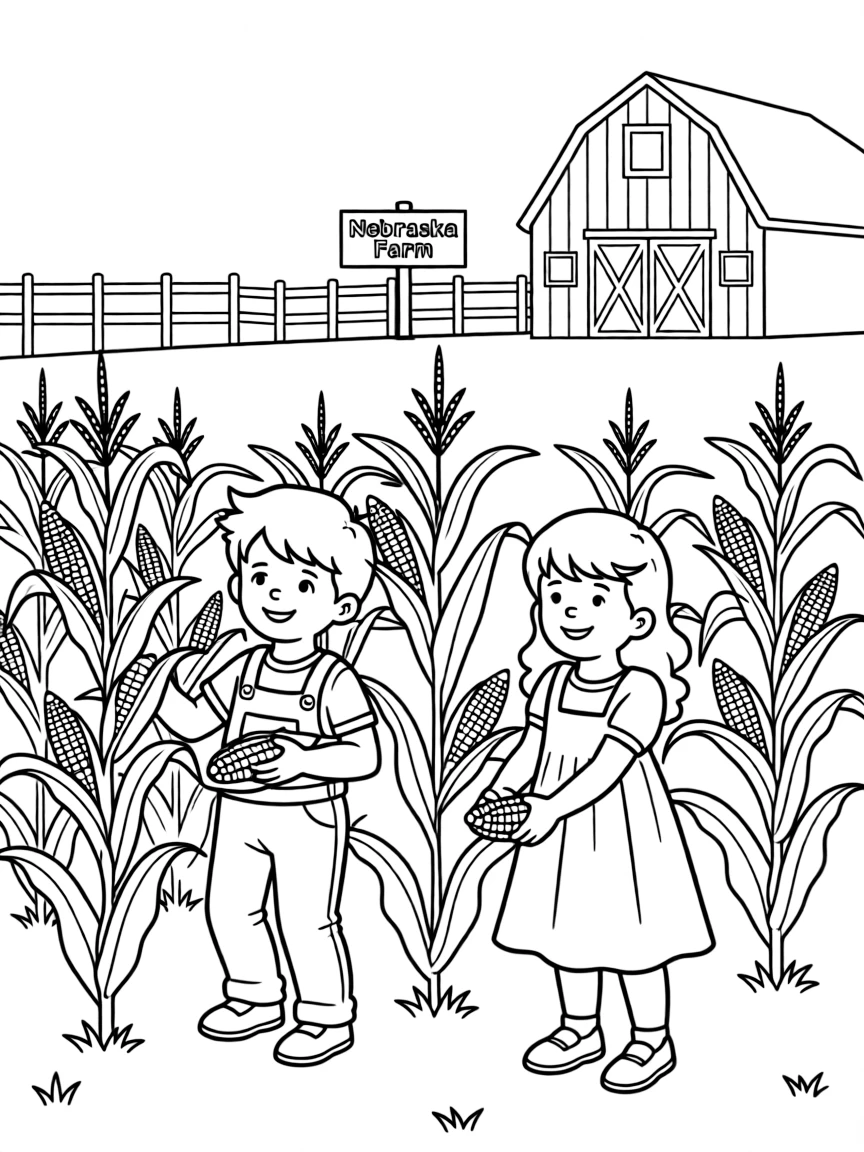 (Nebraska) Kids picking corn on a Nebraska farm