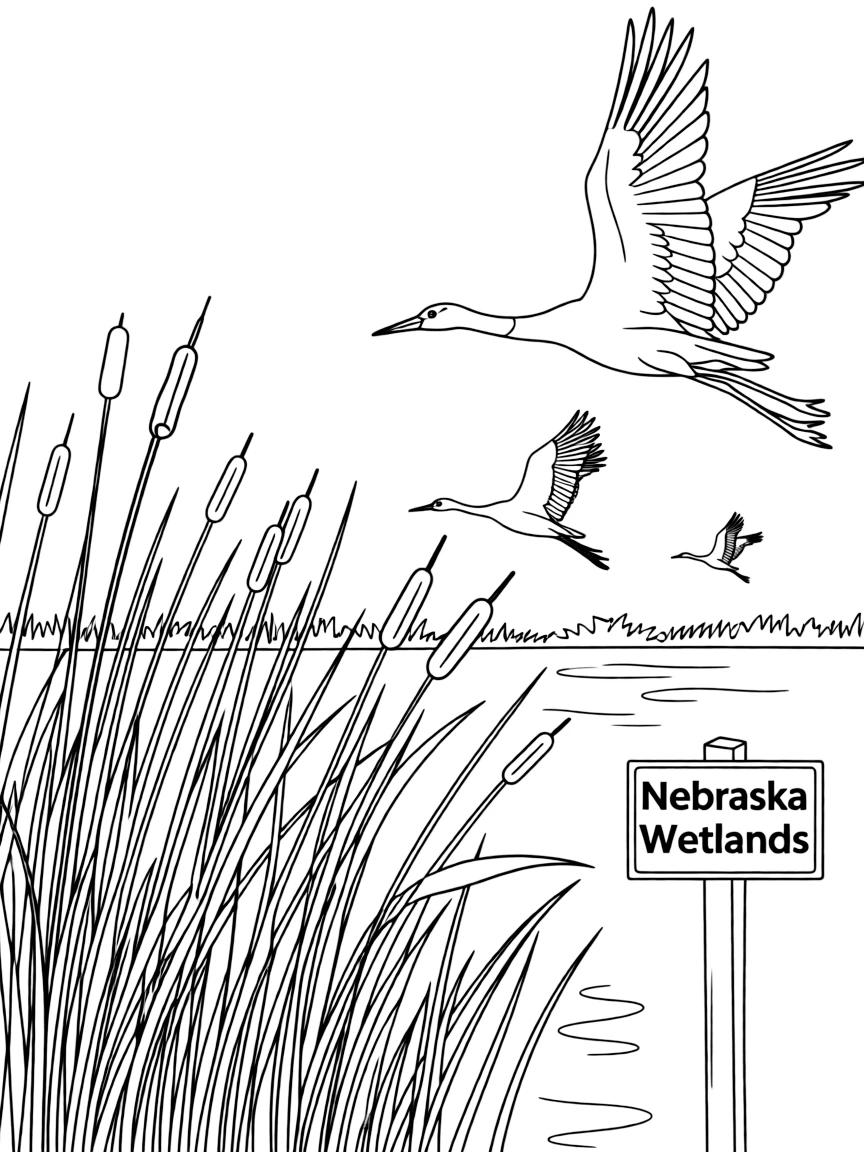 (Nebraska) Sandhill cranes flying over a wetland