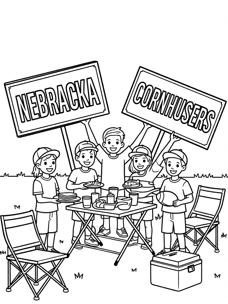 (Nebraska) Kids tailgating with Nebraska Cornhuskers signs