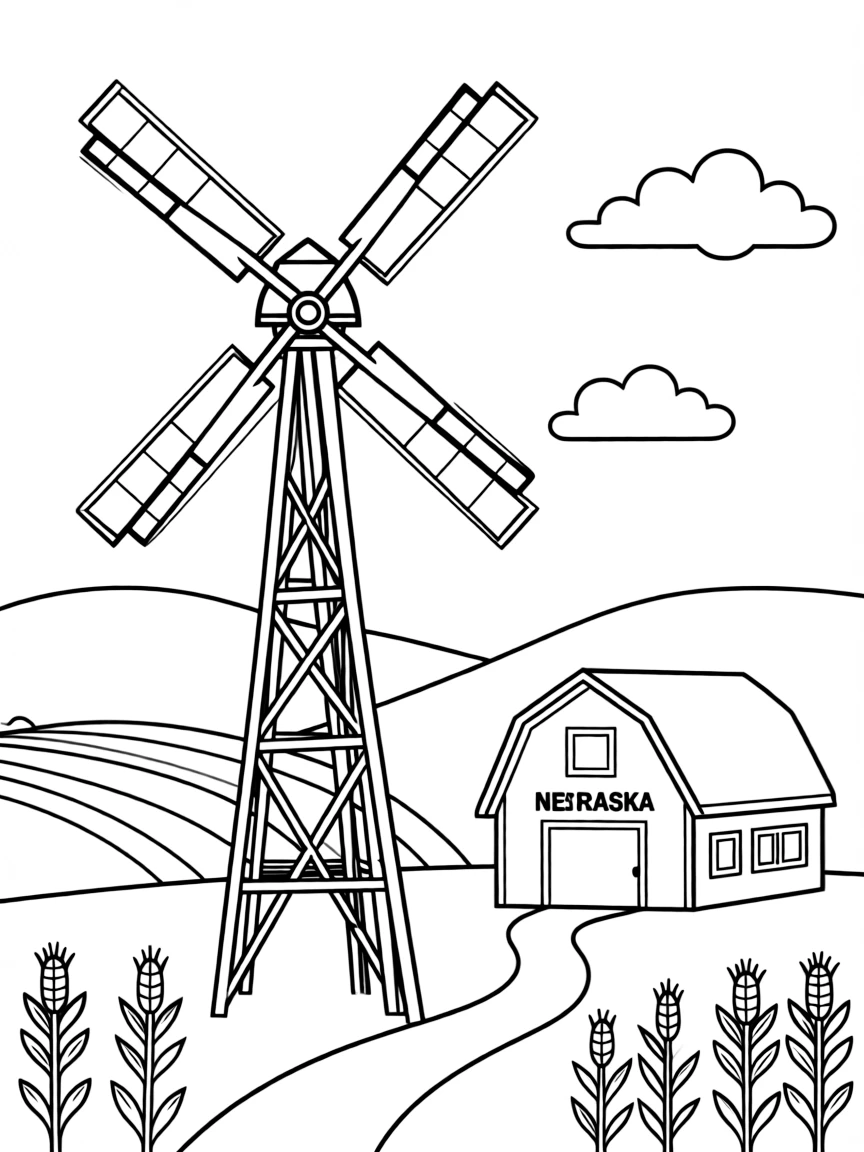 (Nebraska) A simple windmill silhouette on a farm