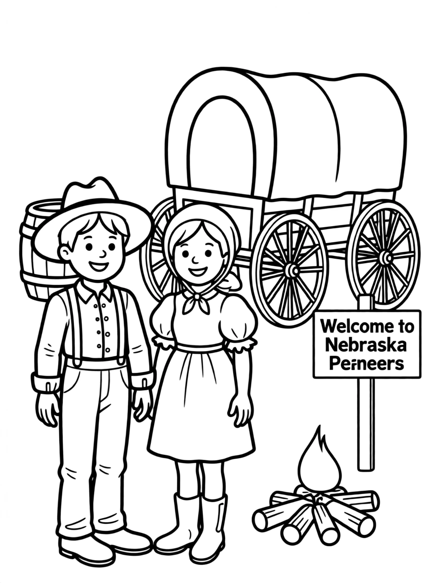 (Nebraska) A boy and girl dressed as pioneers