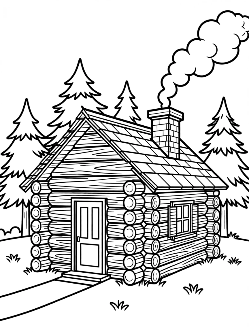 (Nebraska) A log cabin with smoke from the chimney
