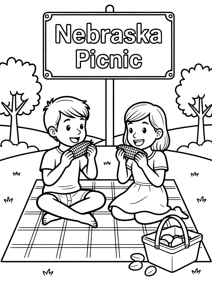 (Nebraska) Kids eating corn on the cob at a picnic