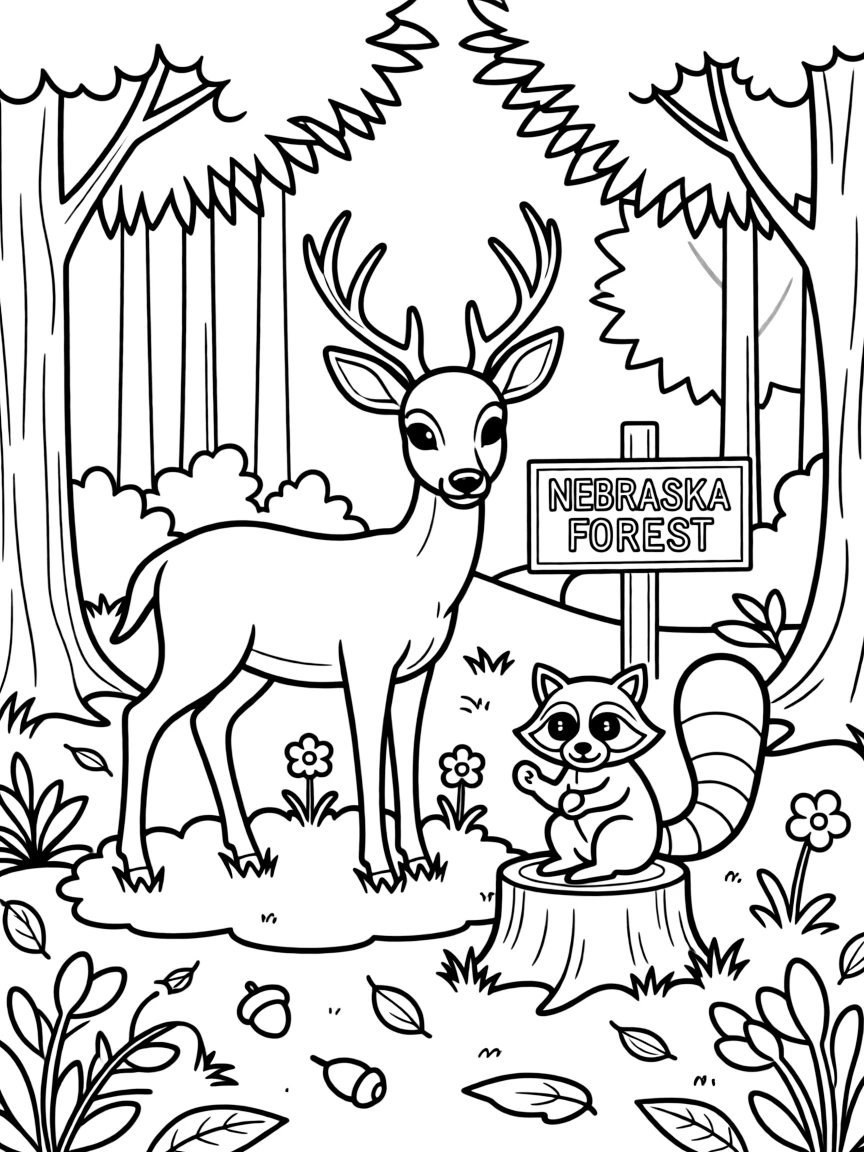 (Nebraska) A deer and raccoon in a Nebraska forest