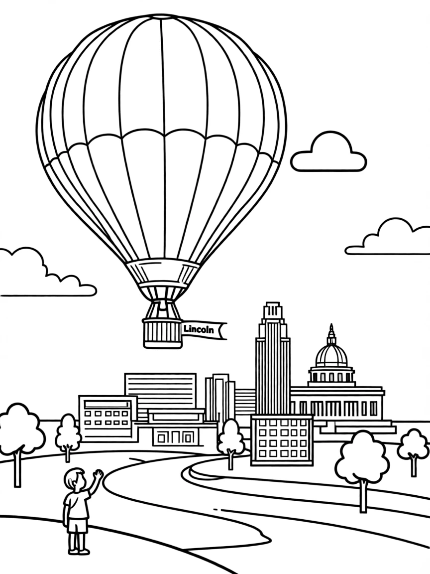 (Nebraska) A hot air balloon flying over Lincoln, Nebraska