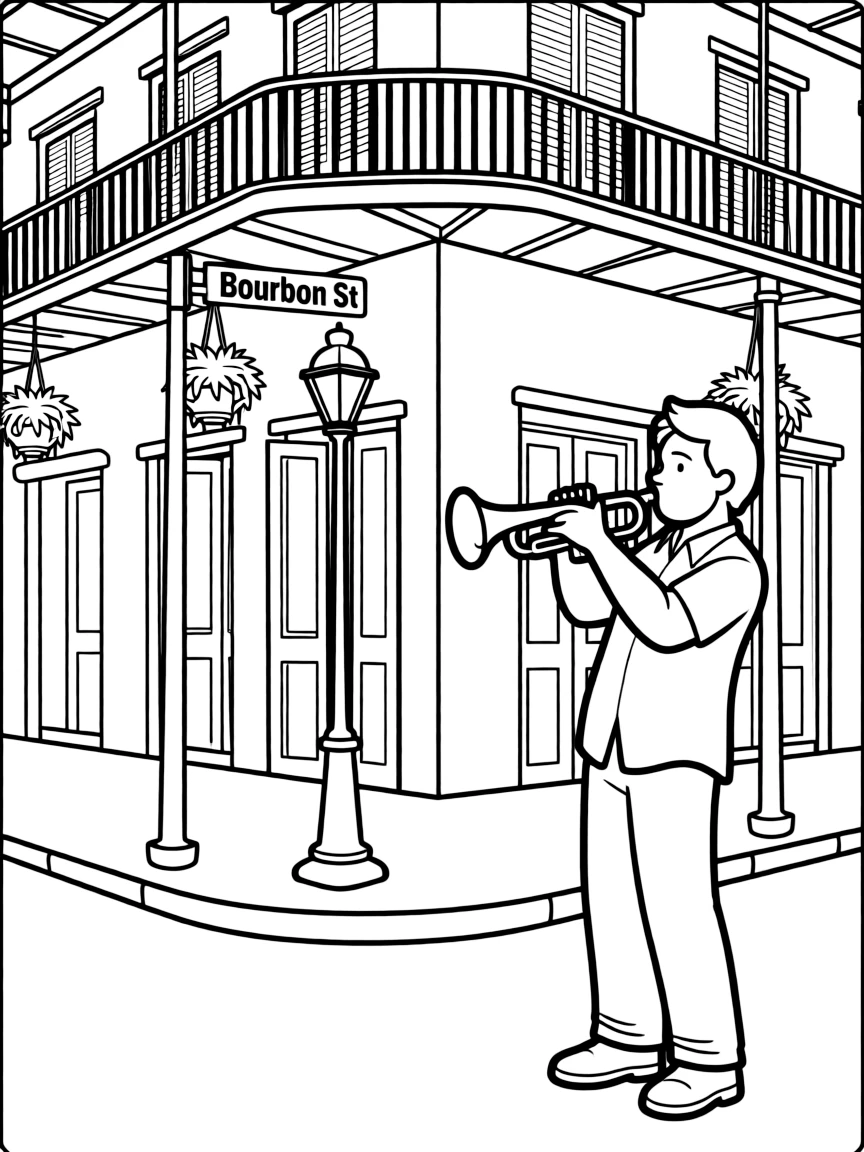 (Louisiana) A jazz musician playing trumpet on a New Orleans street corner