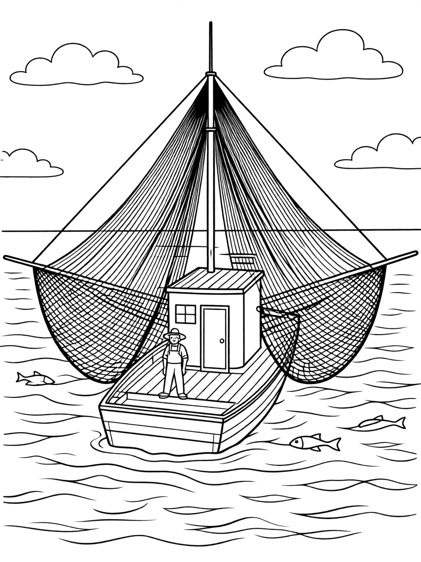 (Louisiana) A shrimp boat with nets in the Gulf of Mexico waters