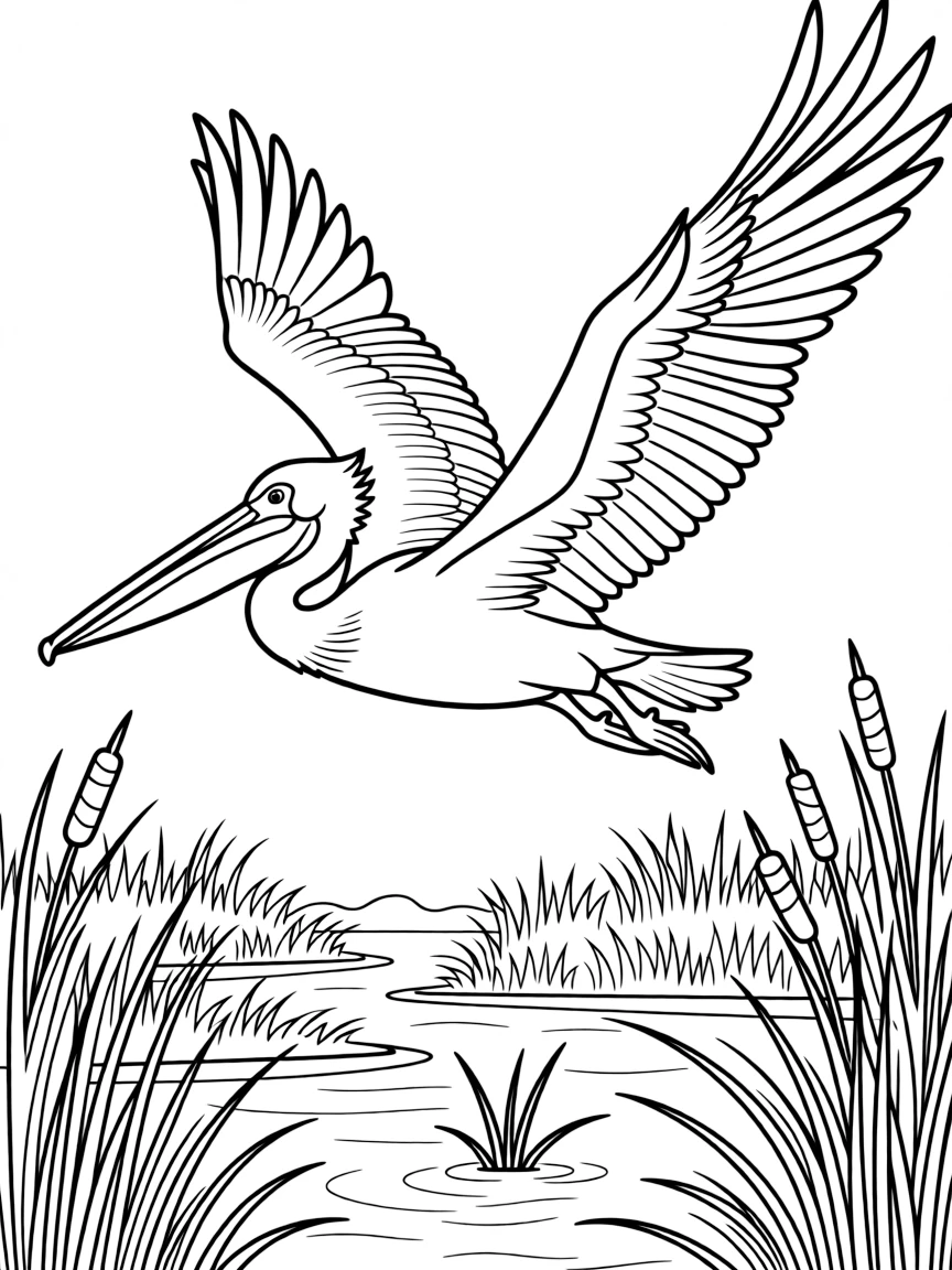 (Louisiana) A pelican (Louisiana state bird) flying over marshlands