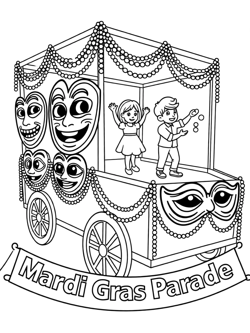 (Louisiana) A Mardi Gras parade float decorated with beads and masks