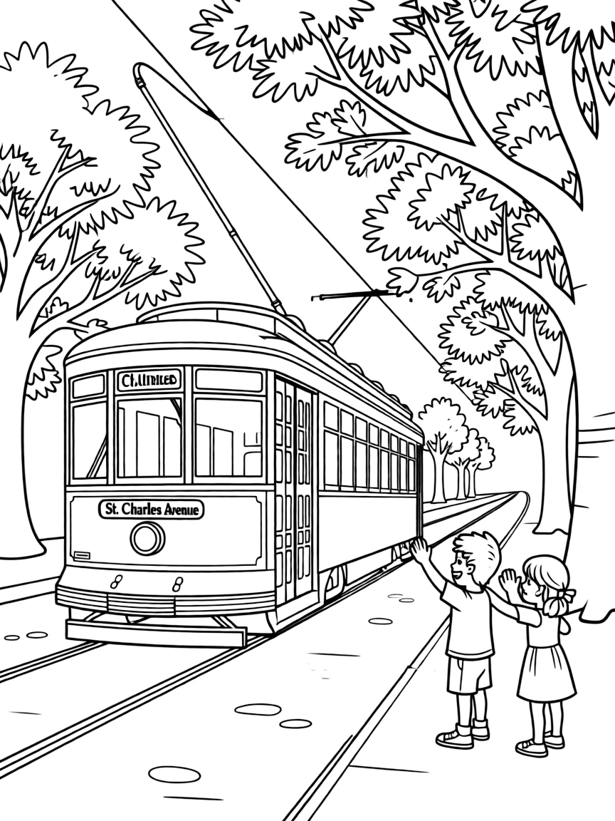 (Louisiana) A streetcar traveling down St. (Louisiana) Charles Avenue with oak trees