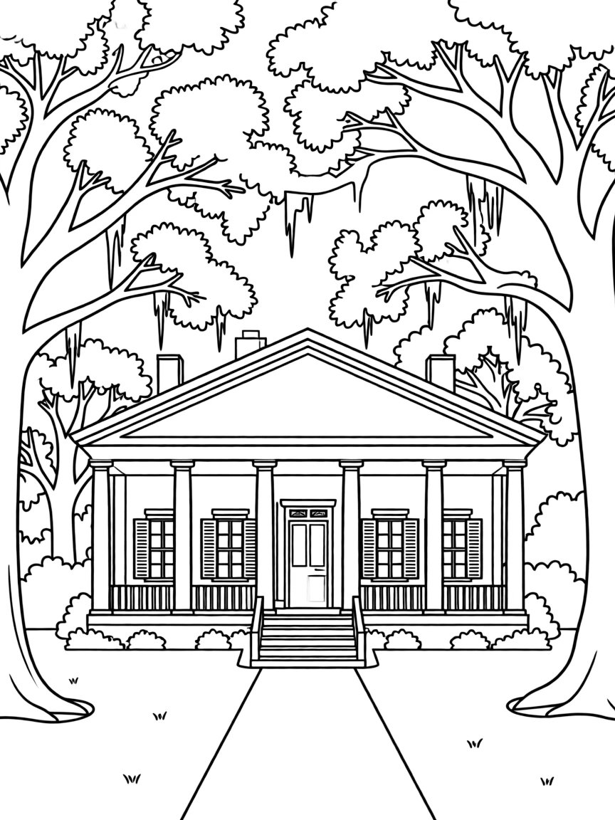(Louisiana) A Louisiana plantation house with large columns and oak trees
