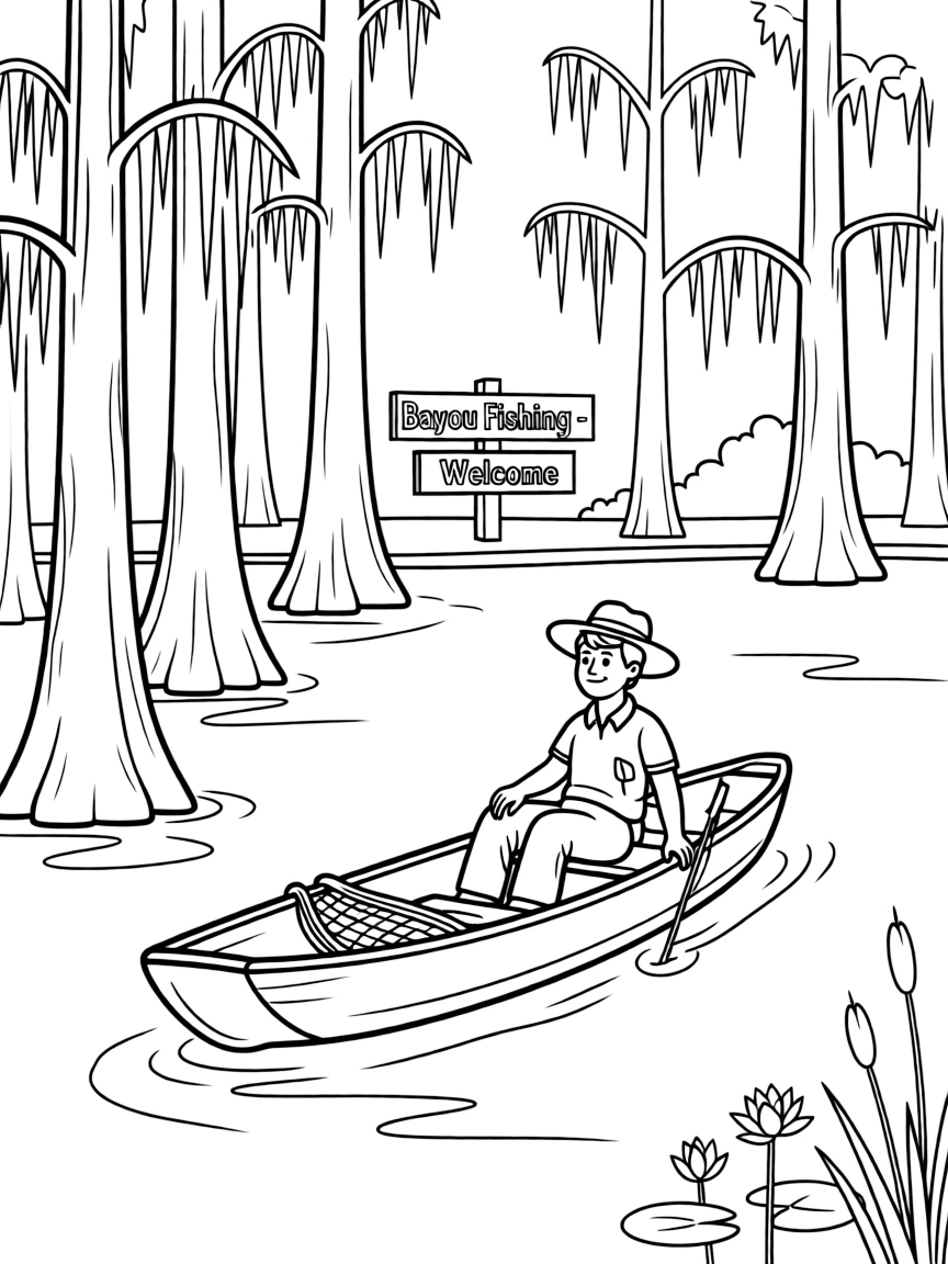 (Louisiana) A fisherman in a pirogue (small boat) in the bayou
